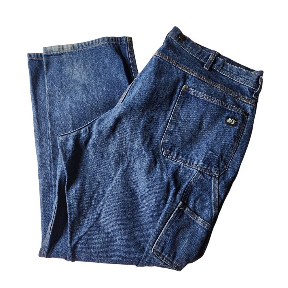 Key Mens Jeans Carpenter Blue Denim Workwear Medium Wash Straight Leg 46X32 - Picture 9 of 11